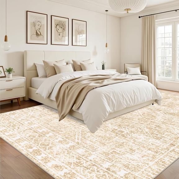 8x10 Area Rugs Living Room Rug: Washable Rug Neutral Lagre Soft Thin Carpet Indoor Floor Non Slip Boho Geometric Moroccan Carpets for Bedroom Dining Room Farmhouse Nursery Office - Beige
