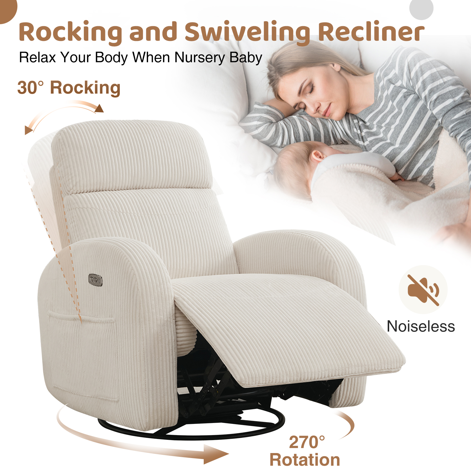 Aemeios Corduroy Swivel Rocker Glider Power Recliner Nursery Rocking Chair with USB and Type-C Ports, White