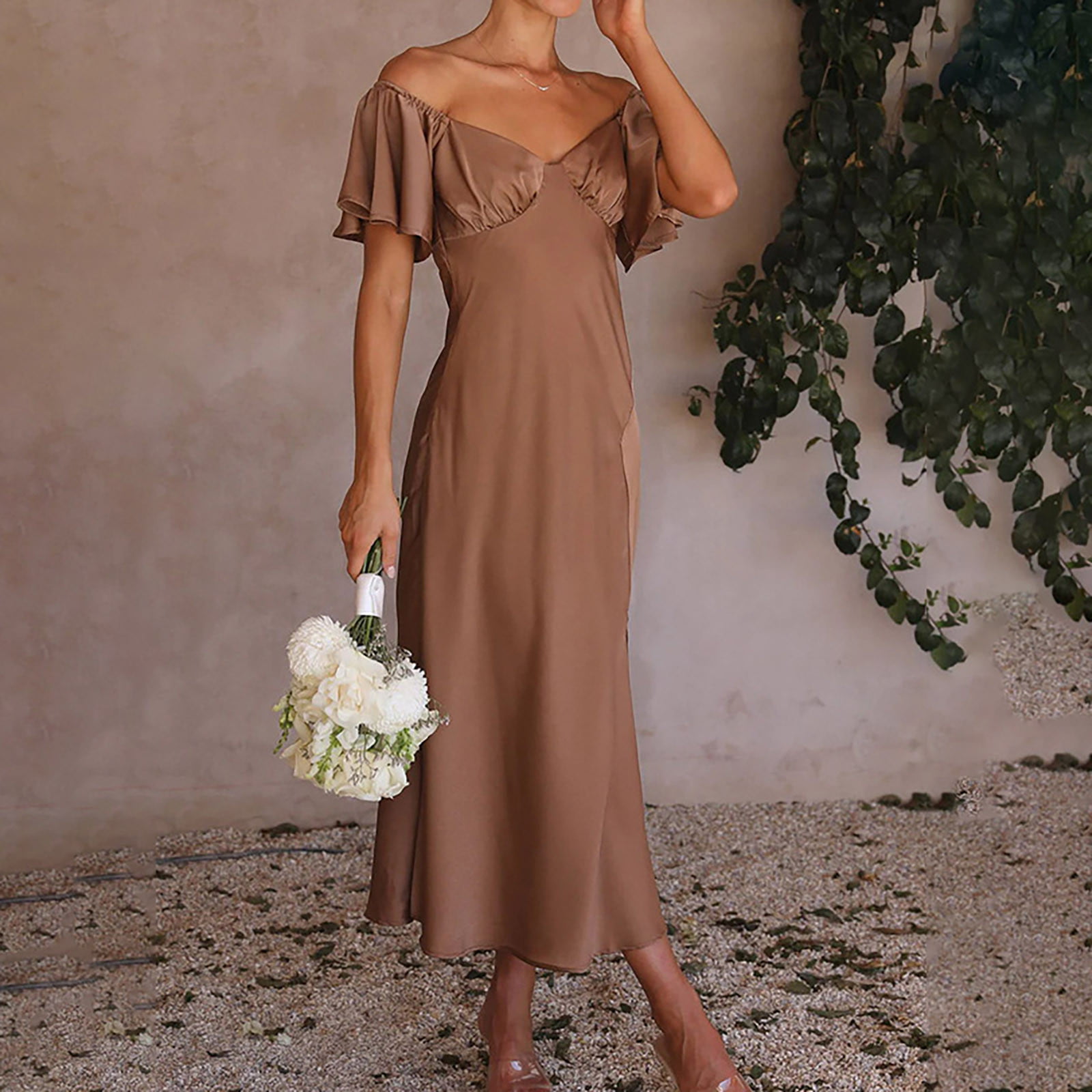 Chic Elegant Coffee Color V-Neck Floral Dress | Clotheshomes™