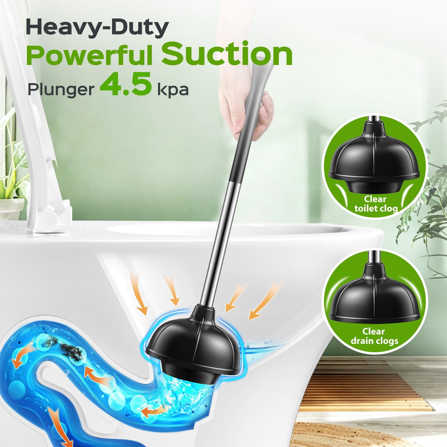 Toilet Plunger and Brush Set, Modern, Stainless Steel, Bathroom Cleaning