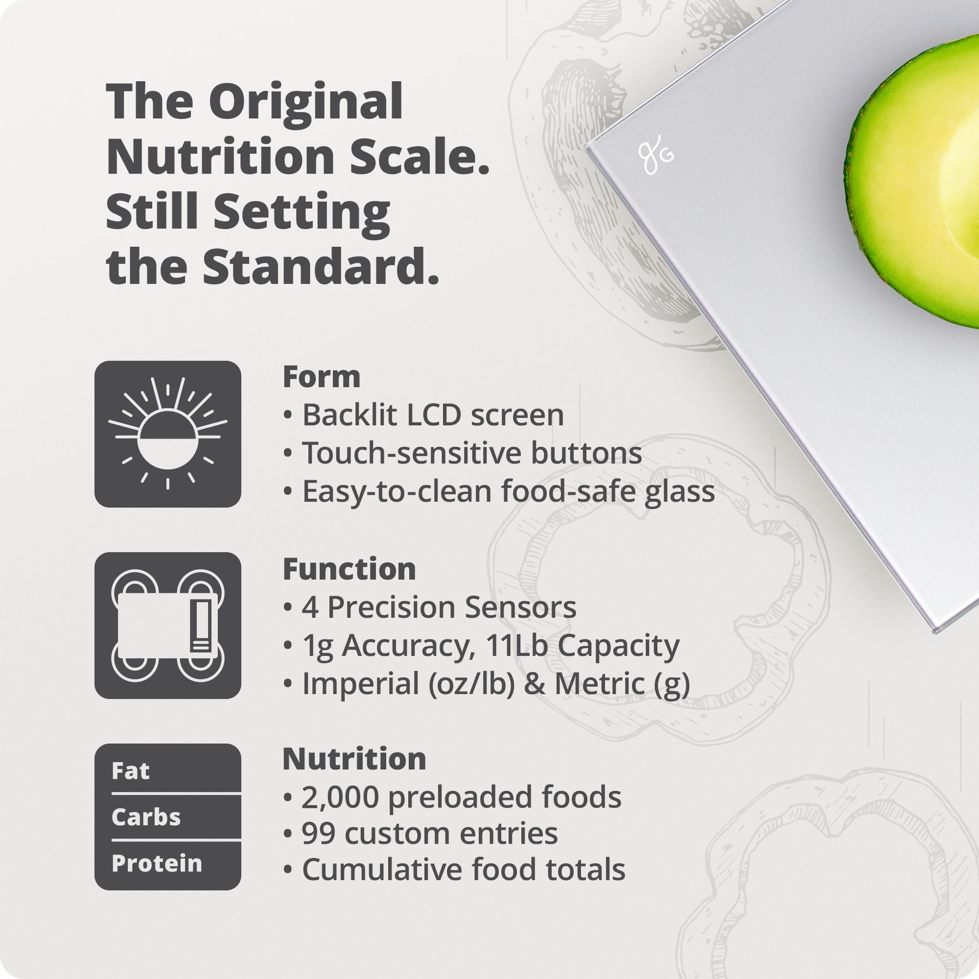 Greater Goods Digital Nutritional Food Scale, LCD Display , Calorie Meal Prep, Weight Loss, Silver