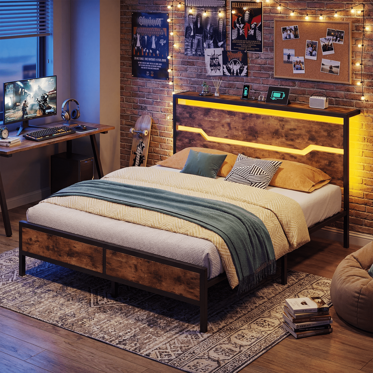 EnHomee King Bed Frame with Wooden Headboard Metal Platform Bed Frame with Storage Platform Metal Bed with Charge Station & LED Lights & 13" Under-Bed Storage, Rustic Brown