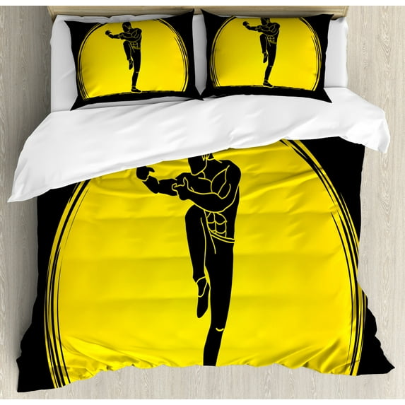 Kung Fu Duvet Cover Set Queen Size, Bicolour Design Eastern Martial Art Posed Man Silhouette on Moon Round, Decorative 3 Piece Bedding Set with 2 Pillow Shams, Yellow Charcoal Grey, by Ambesonne