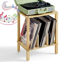 LELELINKY 2-Tier Record Player Stand with Vinyl Storage up to 100 Albums, Vinyl Record Storage Holder, End Table for Living Room, Natural Oak