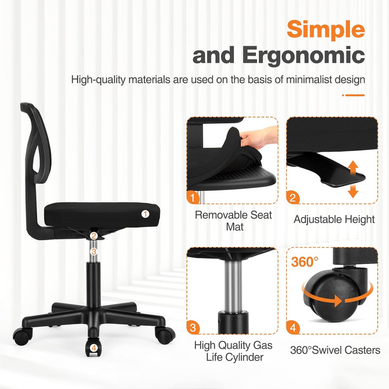 Beddle Armless Office Chairwith Lumbar Support, Low-Back Ergonomic Swivel Mesh Desk Chair, Comfortable Seat for Home Office or Study, Black