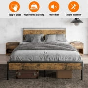 61" Queen Metal Bed Frame with Headboard Bed Frame Industrial Style Platform Bed Frame Strong Metal Steel Slat Support,Rustic Brown,900lb
