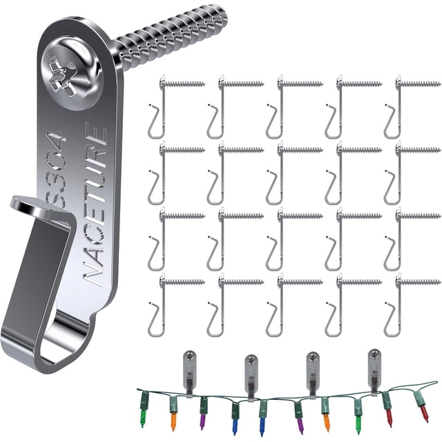 String Light Hanger Hooks- Stainless Steel Light Clips, Outdoor Small Screw Hook for Christmas Party Led Light Wire, Led Fairy Light Hook 20 Pack