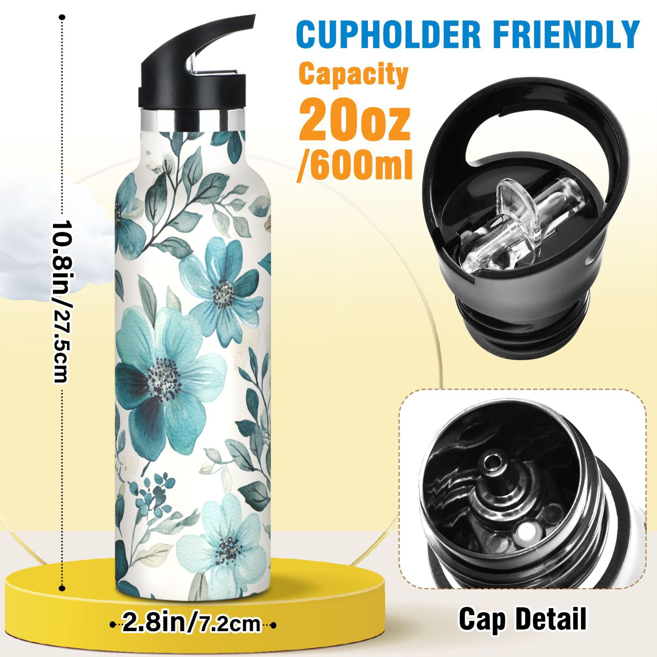 600ML Stainless Steel Insulated Cup Sports Water Bottle Portable Thermos Cup Water Glasses Insulated Tumblers Convenient and Durable Cartoon Turquoise Flowers