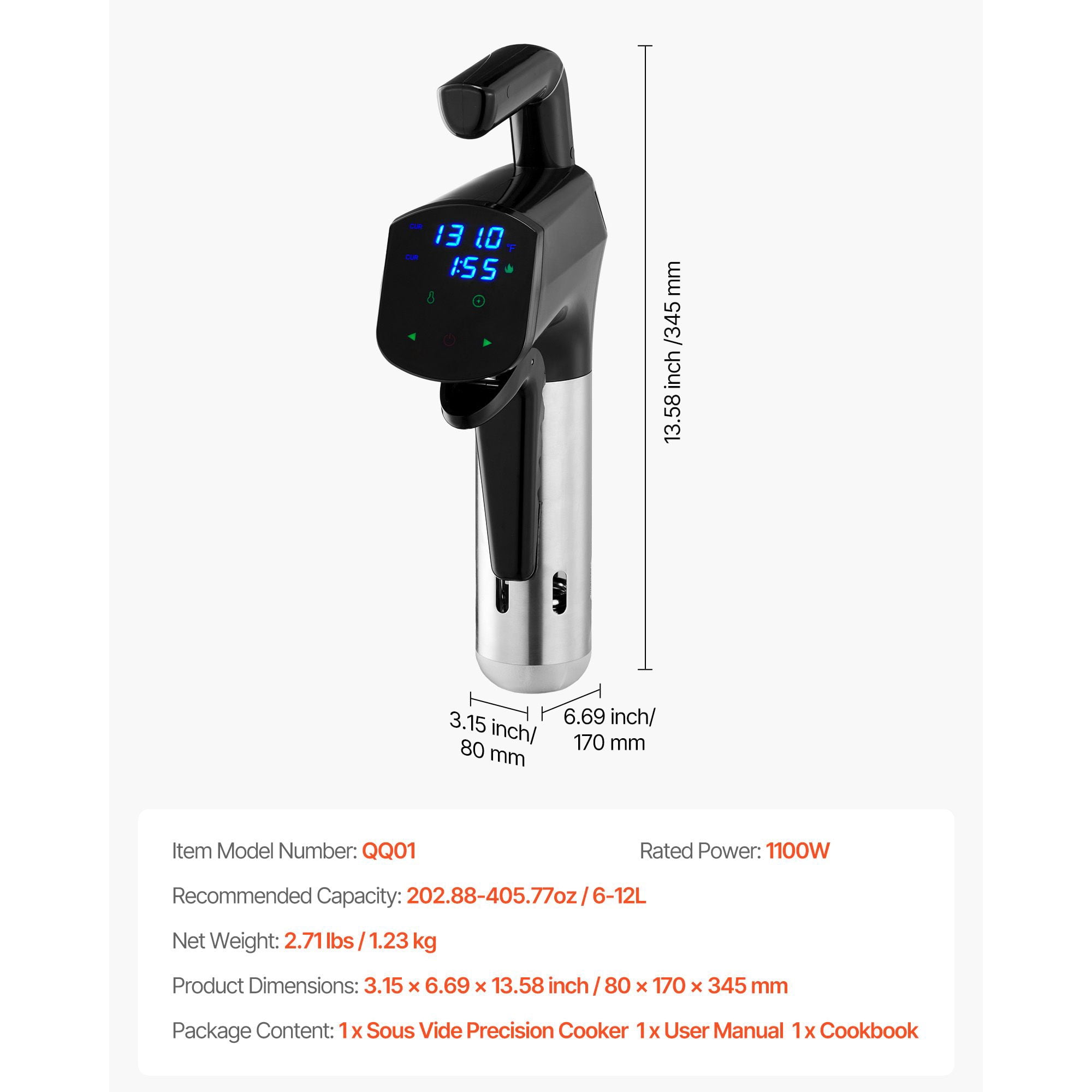 Sous Vide Precision Cooker 1100W Touch Control 77-198.5°F 0.1°C Accuracy 6-12L Capacity Stainless Steel for Steak Seafood