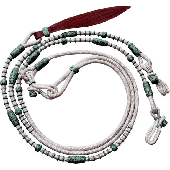 Hand-Braided Nylon Rope Romal Reins with Sea Blue Knots & Rawhide Leather – White, 8.5 Ft Rein, 52" Romel