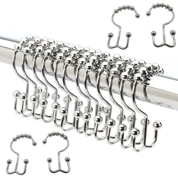 Double Sided Chrome Side Roller Glide Shower Curtain Ring Hooks 24 pack Set