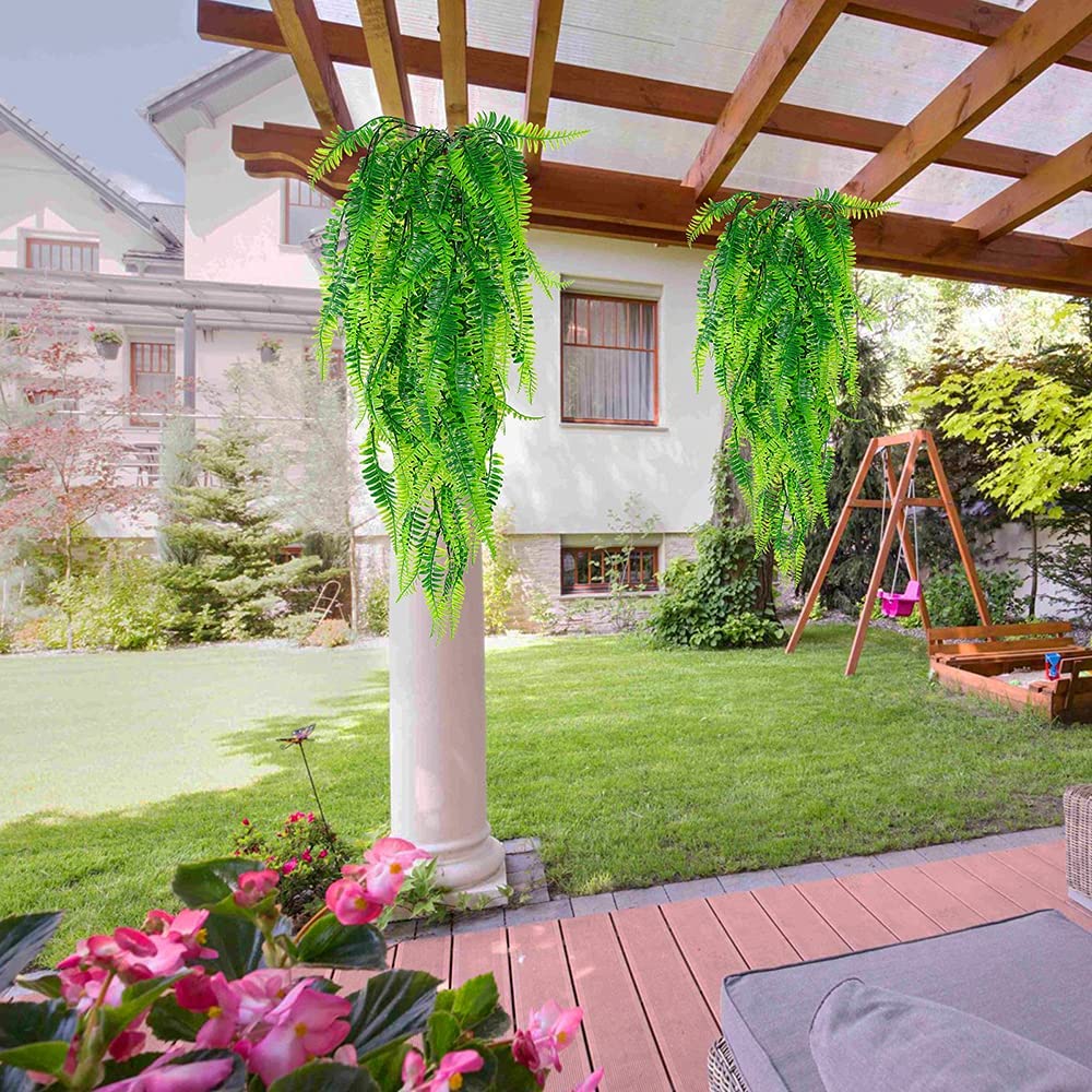 MAMOWEAR Boston Ferns Artificial Persian Rattan Fake Hanging Plant Faux Greenery Vine Outdoor UV Resistant Plastic Plants for Wall, Wedding Party Decor-4 pcs