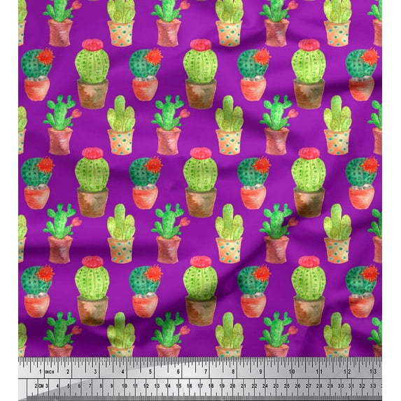 Soimoi Purple Japan Crepe Satin Fabric Cactus With Conical Pot Tree Print Fabric by Yard 42 Inch Wide