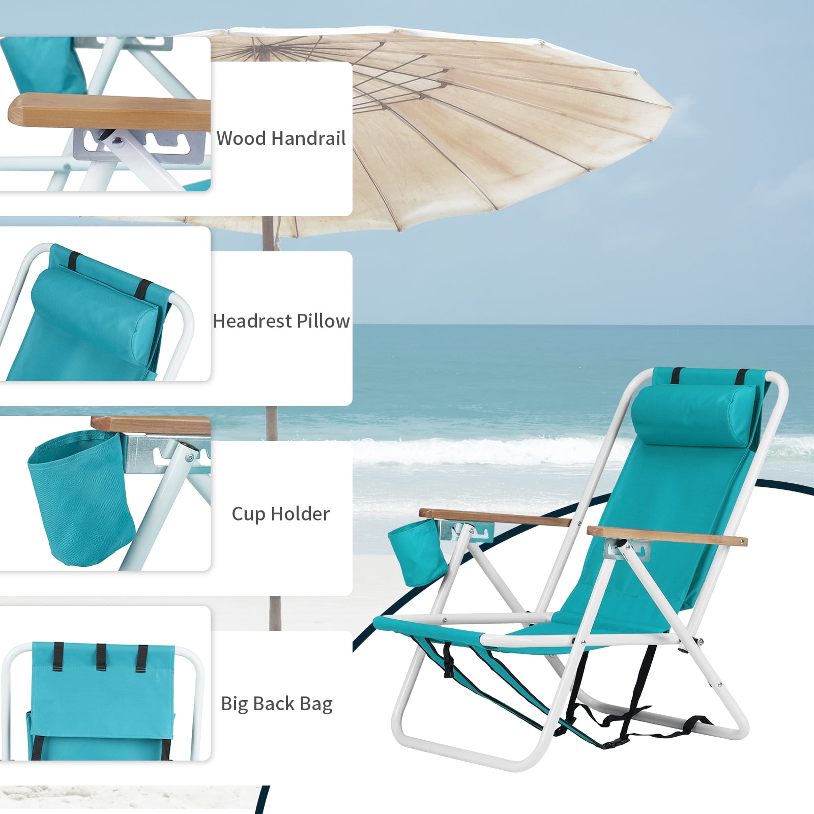 Zimtown 2 Pack Beach Chair Folding Portable Chair Backpack Solid Construction Camping Green