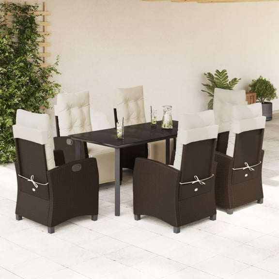 vidaXL 7 Piece Patio Dining Set with Cushions Brown Poly Rattan