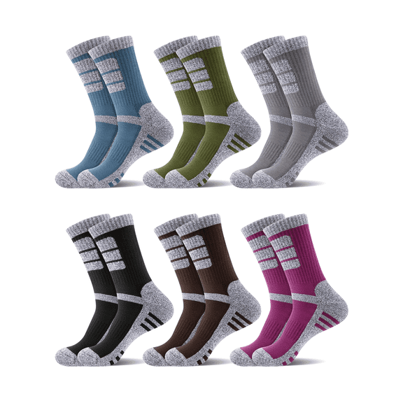 COOPLUS Mens 6 Pack Hiking Crew Socks Cushioned Moisture Wicking Athletic Outdoor Trekking Boot Socks