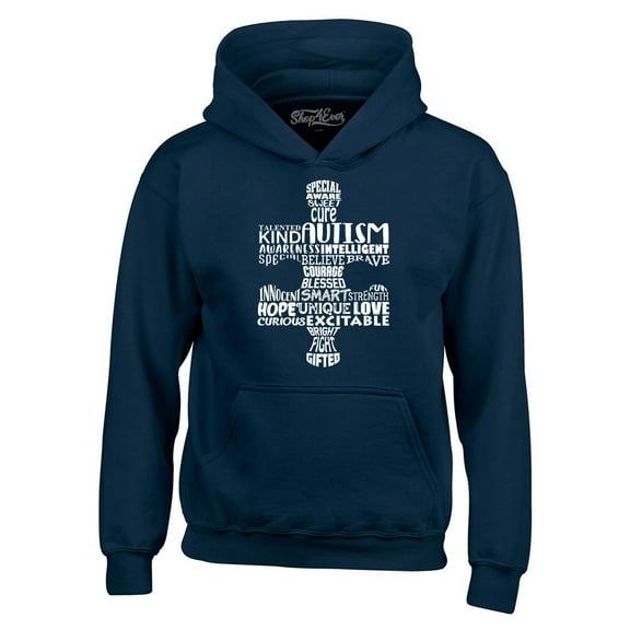 Shop4Ever Men's Autism Awareness Puzzle Piece Word Cloud Hooded Sweatshirt Hoodie Medium Navy