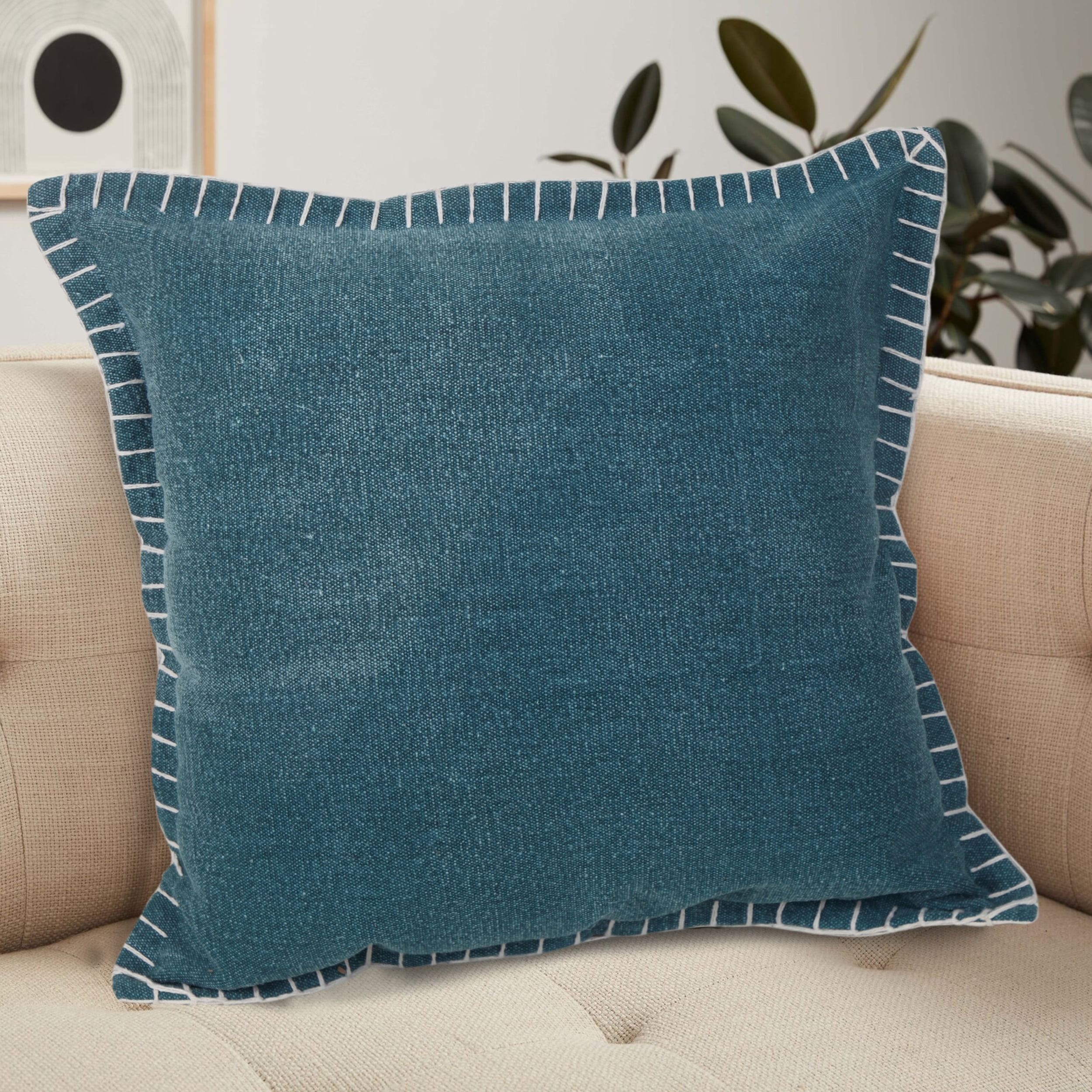 Ox Bay Wilma 20" x 20" Emerald Green Stitch Bordered Cotton Adult Decorative Throw Pillow Cover