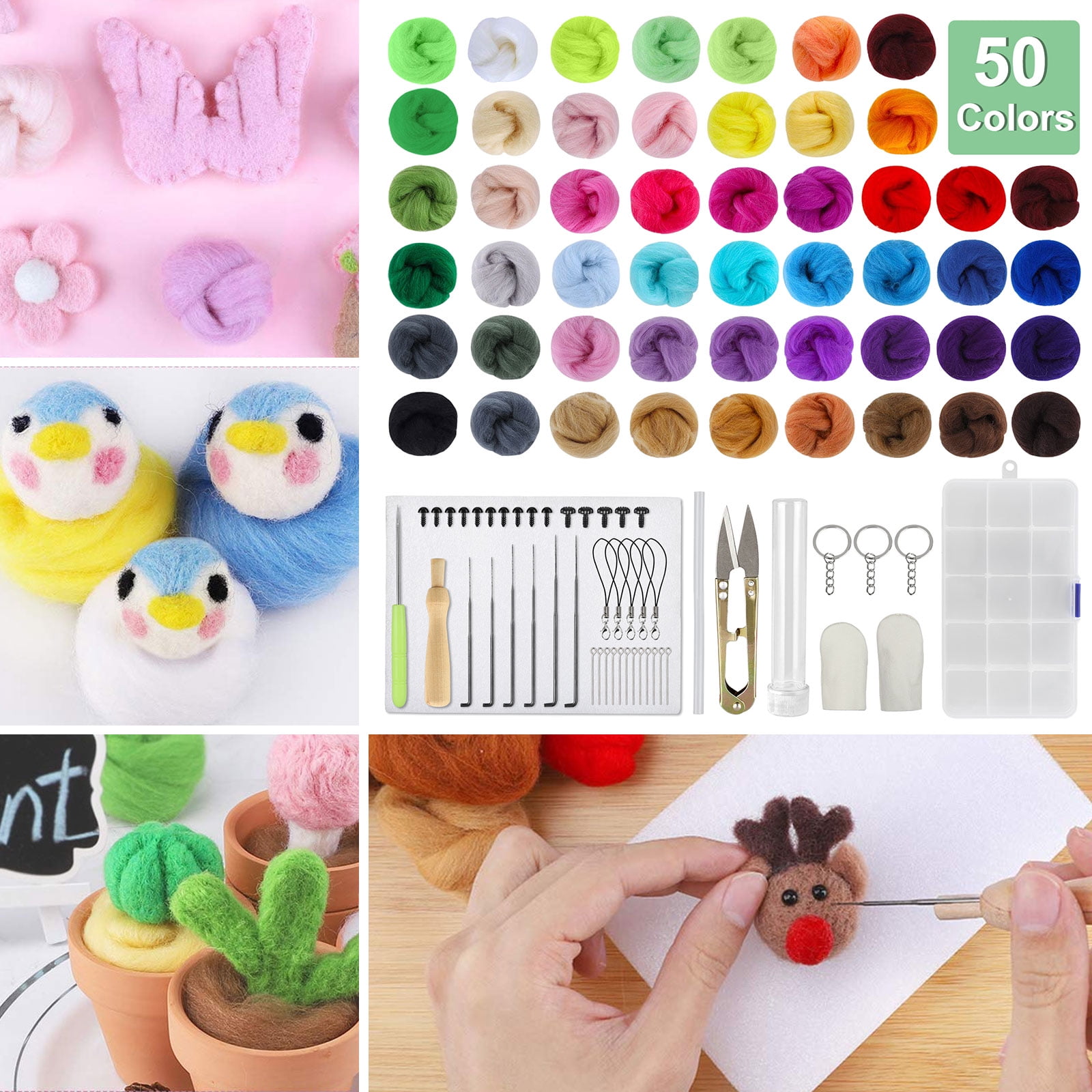 Wool Roving 50 Colors Needle Felting Wool Set Felt Tools Needle Felting