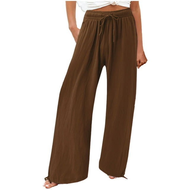 Women Casual Pants Solid Color Pocket Elastic Waist Drawstring Loose Comfortable Daily Wear