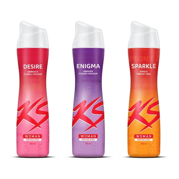 Kama Sutra Desire+ Enigma+ Sparkle Woman Perfume Spray Pack Of 3X 150ml - 5.07 Fl.oz. Each | Long Lasting Deodorant Spray For Girls | With Mandarin, Jasmine & Patchouli Notes