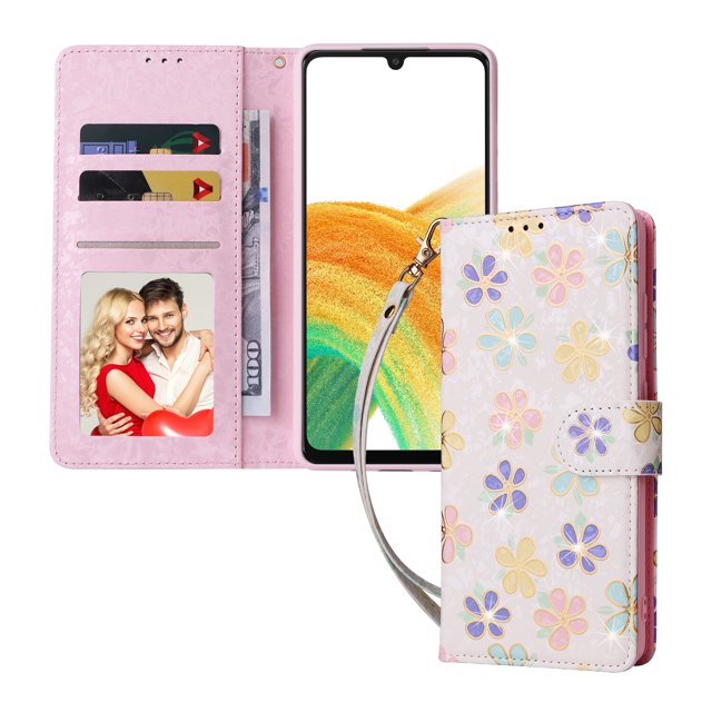 Compatible with Samsung Galaxy A33 5G Case Retro Gilded Flower PU Leather RFID Blocking Wallet Cover