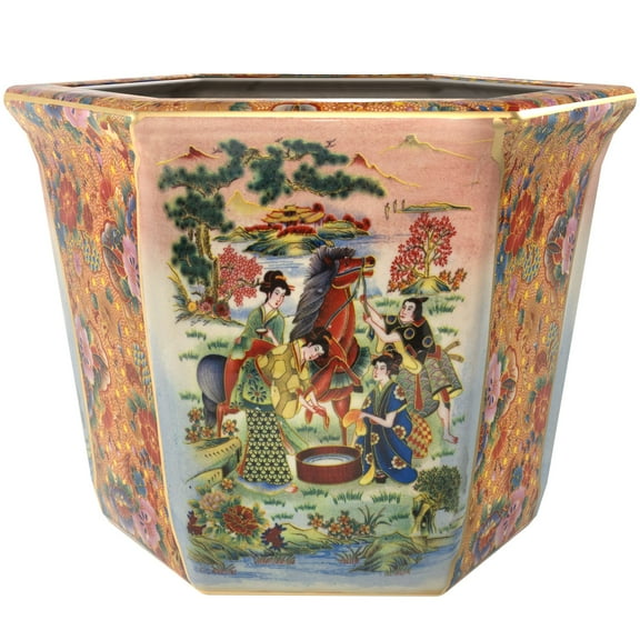 Oriental Furniture 10" Horse in Meadow Porcelain Flower Pot