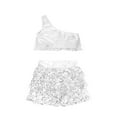 thumbnail image 5 of CHICTRY Kids Girls Sequin Metallic Jazz Modern Latin Dance Crop Top with Skirt Hair Band Set Silver 12, 5 of 7