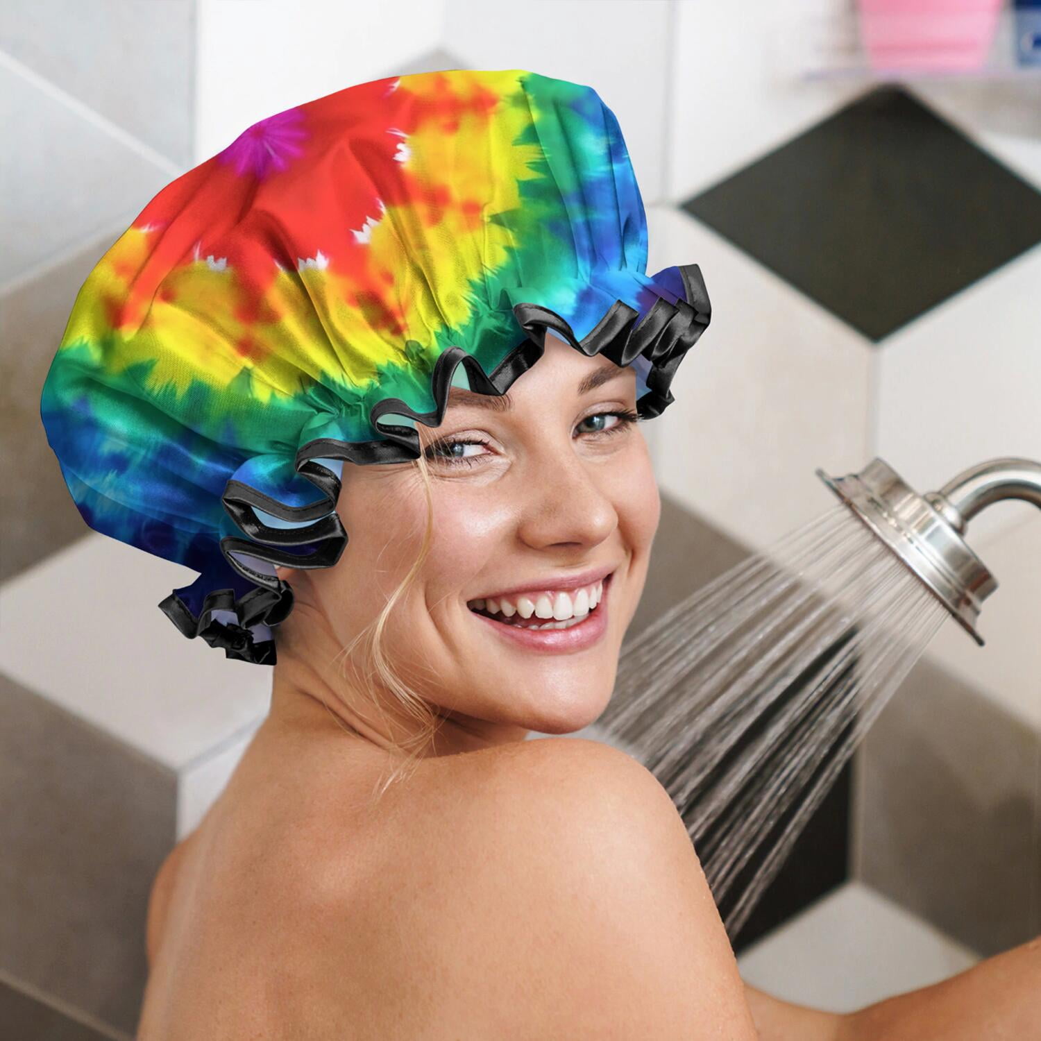 Shower Caps,Colorful Rainbow Tie Dye Spiral Pattern Waterproof Shower Cap for Women 4 Pieces,Double Reusable Hair Cover for Shower PEVA Elastic Stretch Hem