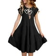 thumbnail image 2 of shoper Dress for Girls Ruffled Sleeve Crew Neck Heart Print A-Line Comfortable Summer Dress Girls Holiday Party Dress Black 120, 2 of 6