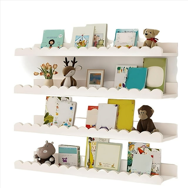 4 Estantes Festoneados, Estanterías Flotantes Blancas de 15,6 Pulgadas para Guardería, Estantería Festoneada para Libros, Decoración de Pared para Niños.