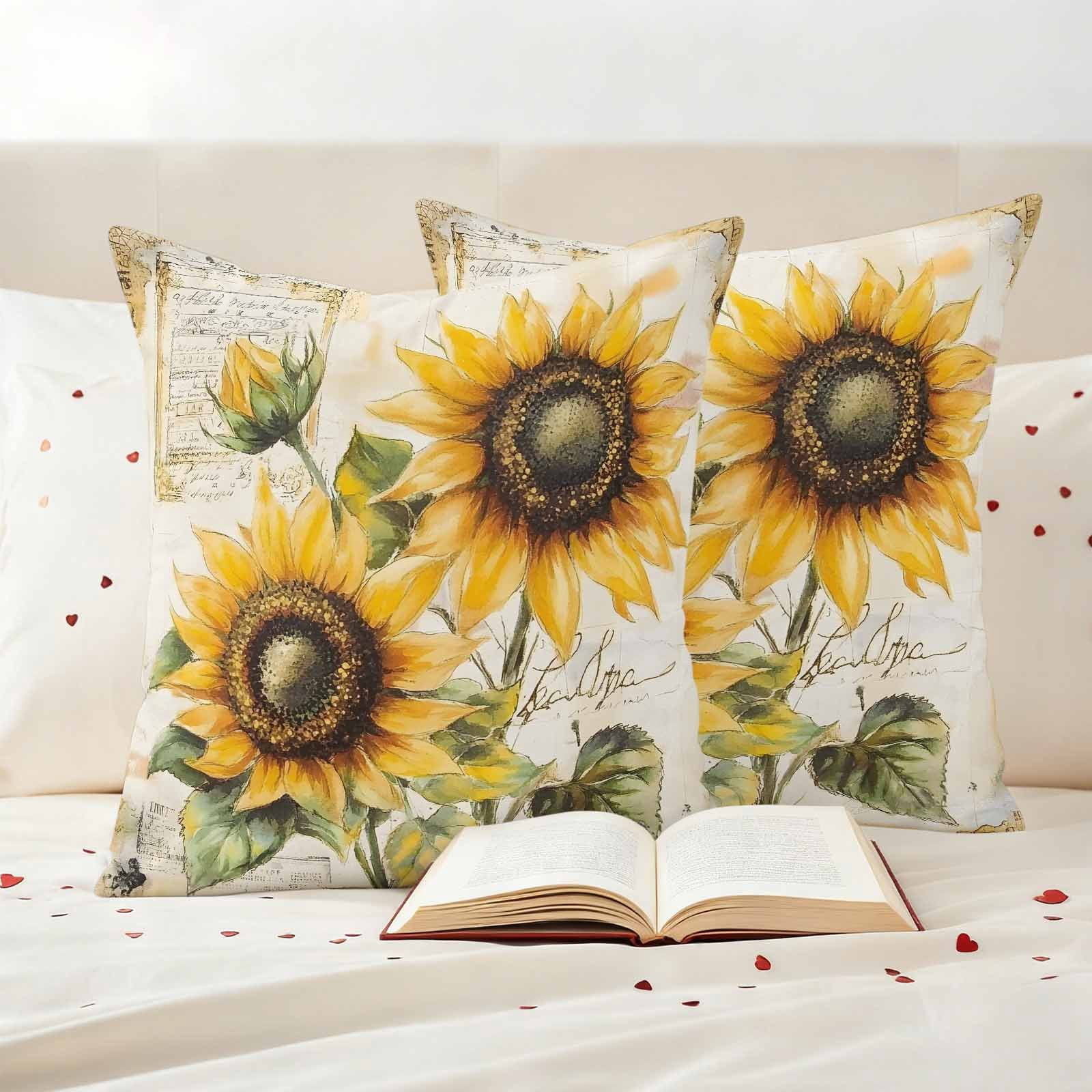 Sunflowers Retro Outdoor Waterproof Pillow Covers, Spring Summer Floral Botanical Decorative Square Throw Pillowcase Sofa Cushion Sham for Patio/Couch/Chair, 20"x20" 2 Pack