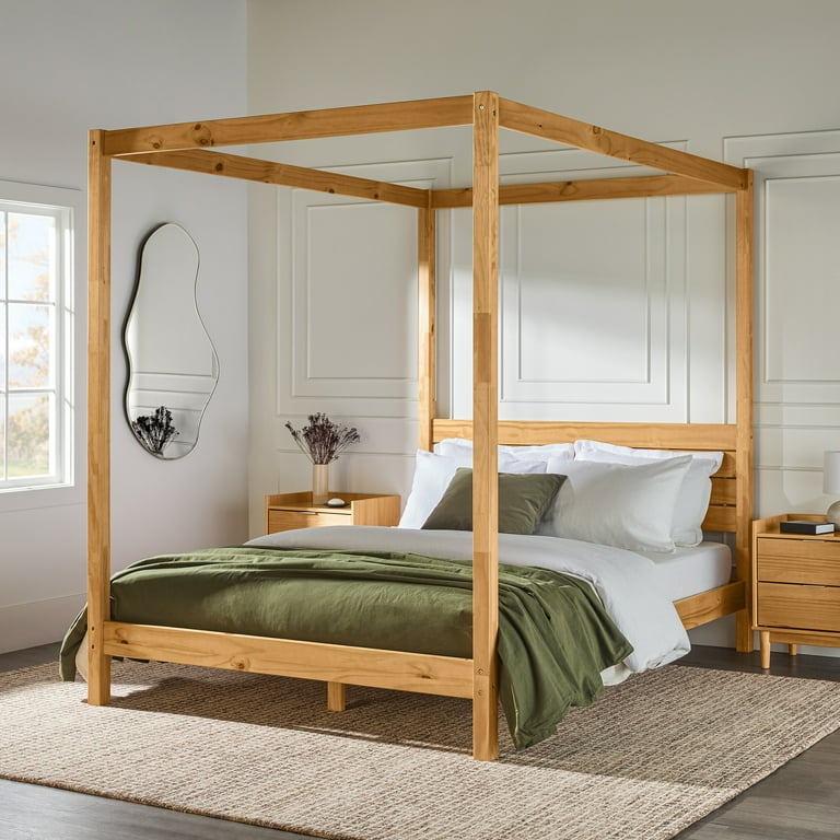 Walker Edison Minimalist Slatted Wood Queen Canopy Bedframe Natural Pine