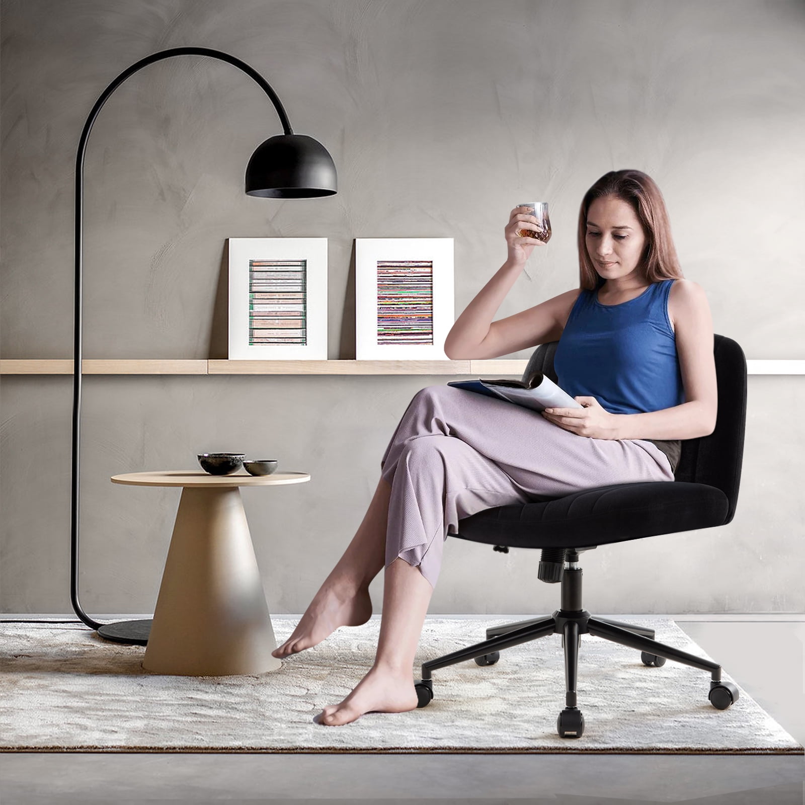 IWMH Ergonomic Armless Task Office Chair with Wheels, Cross Legged Wide Seat Desk Chair, Black Velvet Upholstered Swivel Vanity Chair, for All Ages