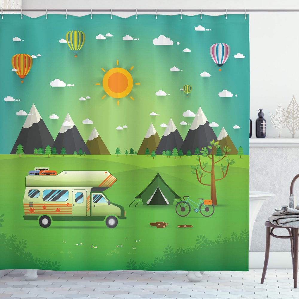 Happy Camper Shower Curtain, Family Caravan with Bicycle and Balloons