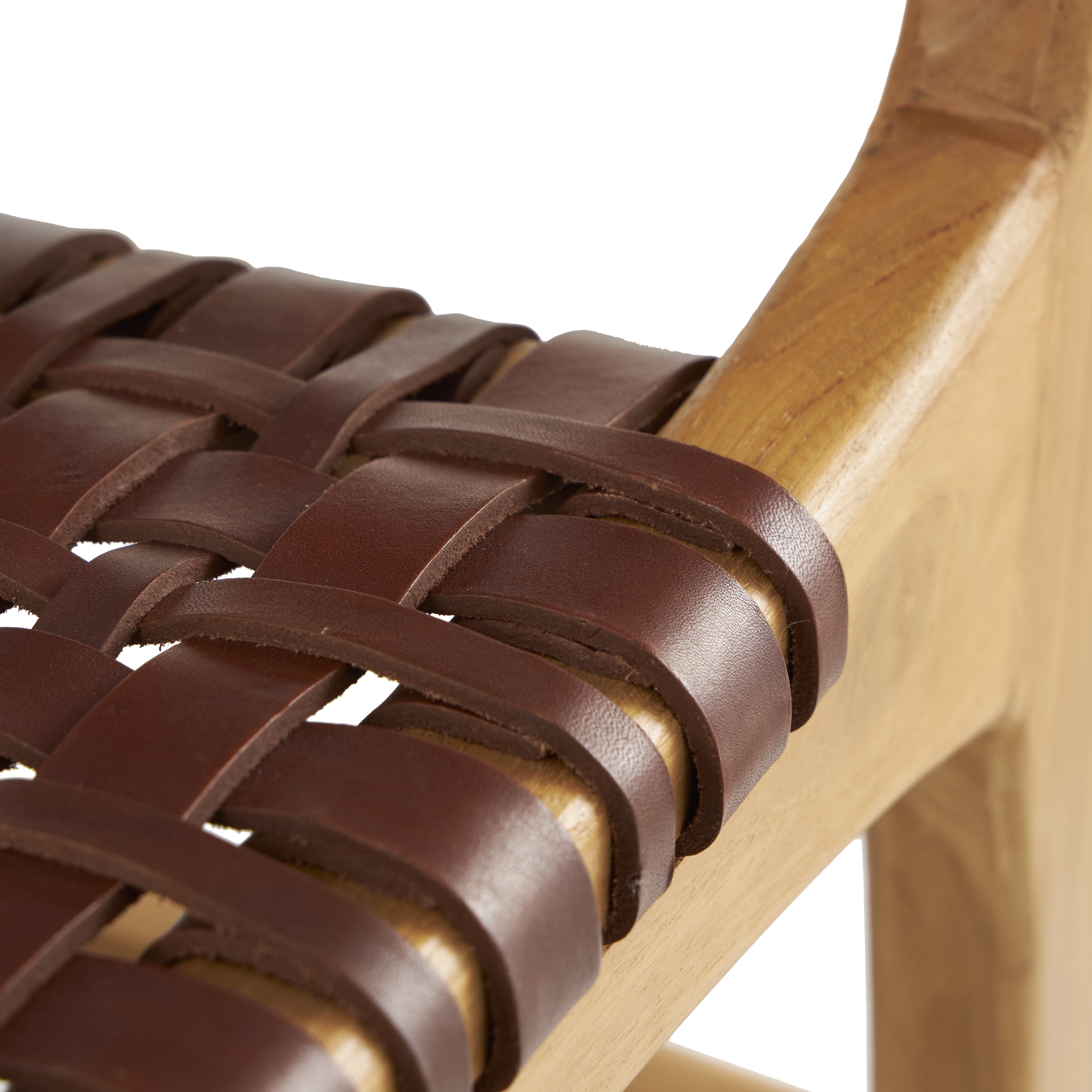 DecMode Leather Handmade Woven Lounge Chair with Teak Wood Frame, Dark Brown, Set of 2