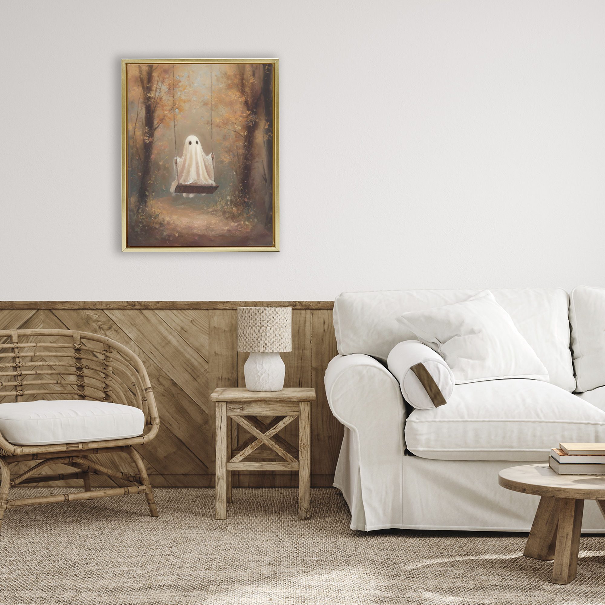 Eerie Swinging Ghost Gold Framed Floater Canvas Wall Art, design by Arlington Prints