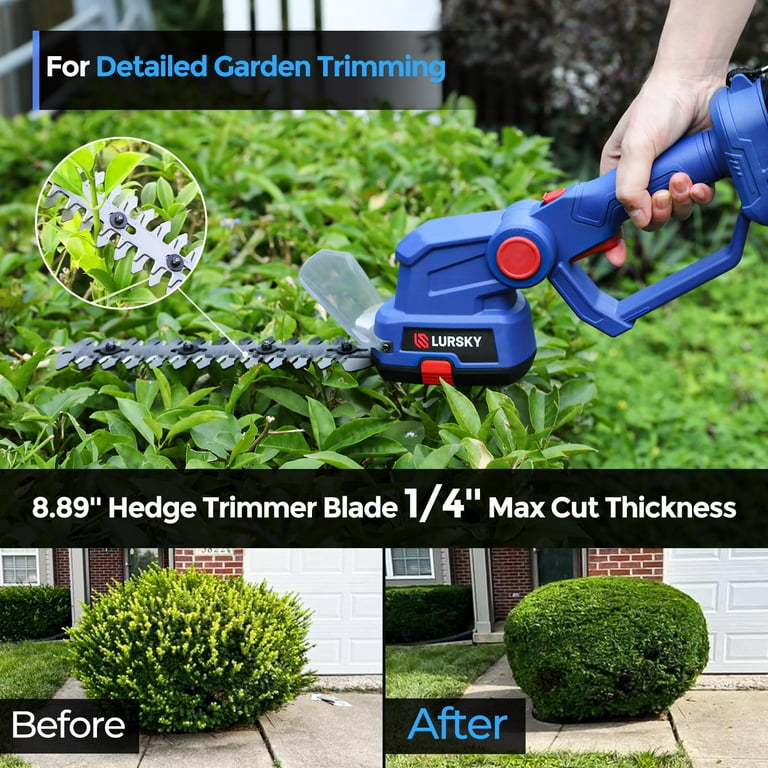 LURSKY Cordless Hedge Trimmer with 2Pcs Battery and Charger 2 in 1 21V Grass Shears for Garden and Lawn Maintenance with Stroage Box