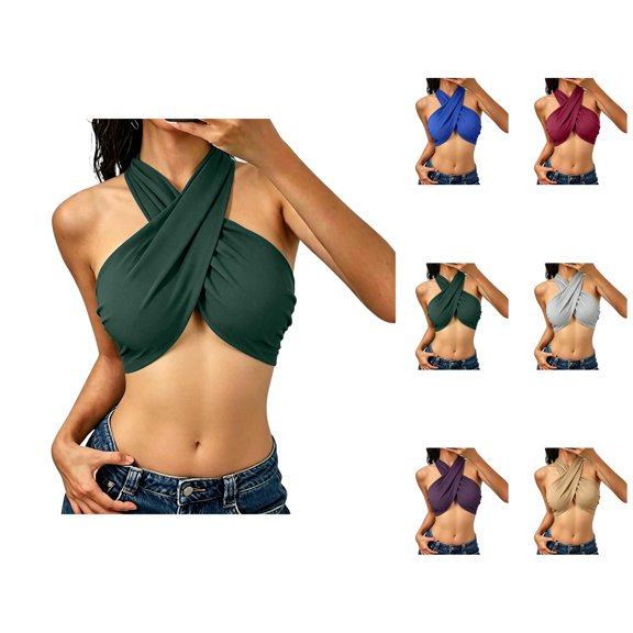 Sleeveless Halter Criss Cross Tank Crop Tops for Women Self Tie Wrap Backless Camisole Tanks