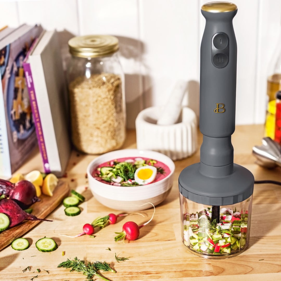 Beautiful 2-Speed Immersion Blender with Chopper & Measuring Cup, Oyster Grey by Drew Barrymore