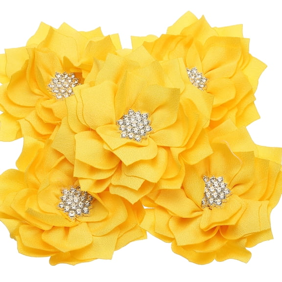 Uxcell 3.5" Chiffon Flowers, 5 Pcs Fabric Flowers Rhinestone Pearl Sewing Fabric Appliques for Crafts Sewing Dresses DIY Clothing Headbands Wedding Party Decoration, Yellow