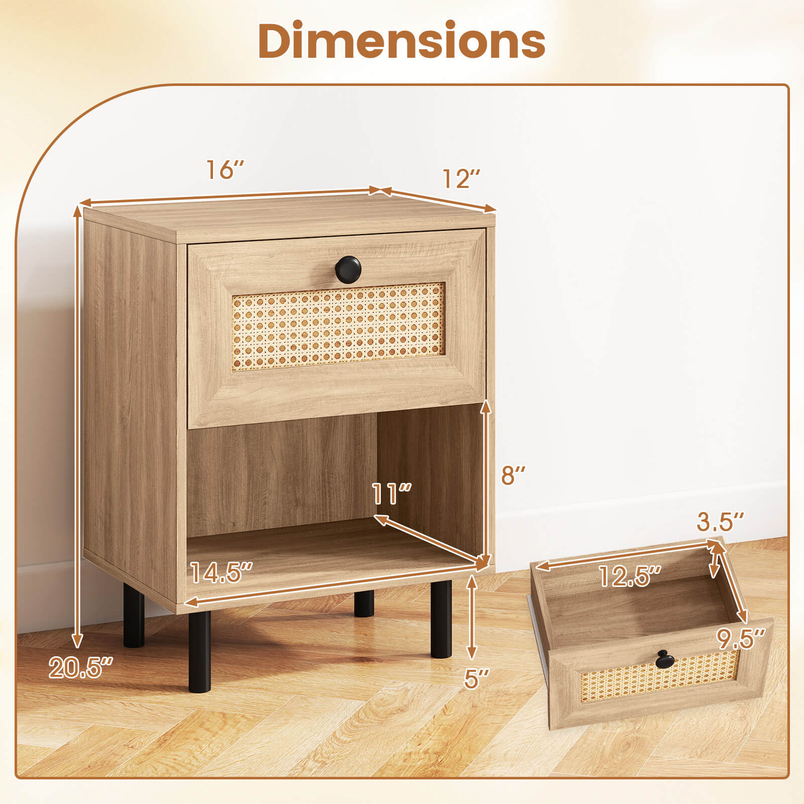 Costway 2 PCS Rattan Nightstand Boho End Table with Drawer & Open Shelf for Living Room Natural