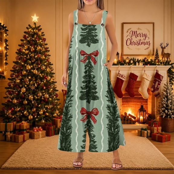 Lumtrix Christmas Romper Women Holiday Wide Leg Funny Xmas Pattern Plus Size Sleeveless Cute Jumpsuits with Pocket Green M