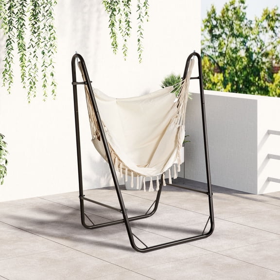 Outsunny U Shape Stand Hammock Chair, A Side Pocket Include Hammock Swing, Brown & Cream