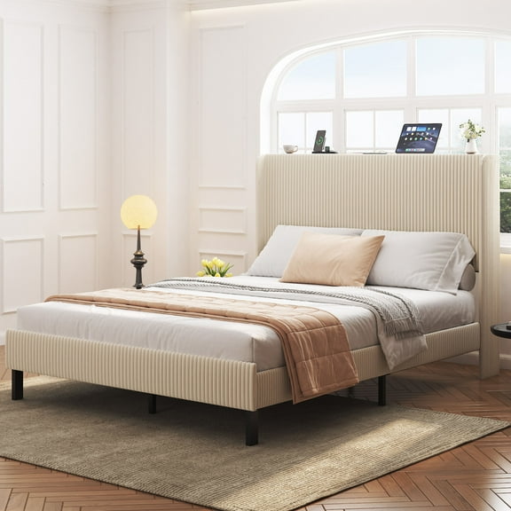 Bed Frames Queen Size Platform Bed , Metal Bed Frame with Charging Station, No Box Spring Needed, (Beige), Noise Free,Easy Assemble.,Adjustable Bed Base