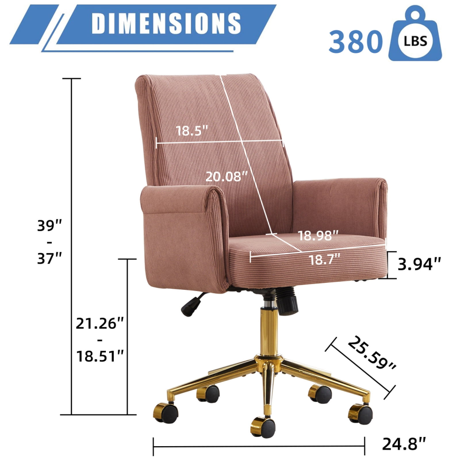 Stripes Corduroy 360° Swivel Desk Chair, Gold Base Adjustable Height Home Office Armchair with Wheels, Ergonomic Mid-Back Comfy Computer Chair for Home Study Living Room Bedroom, Light Pink