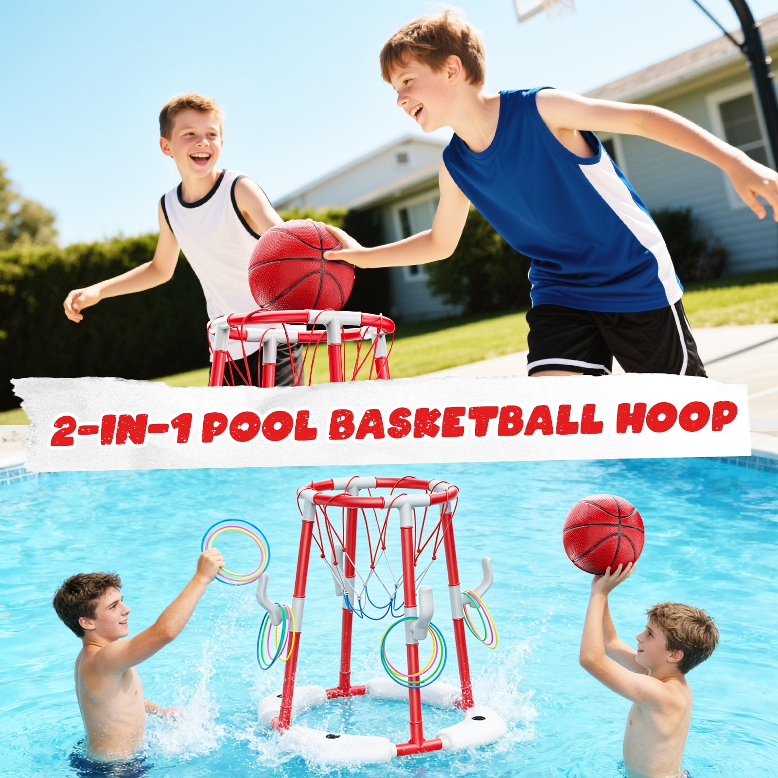 JoyStone 2-in-1 Floating Pool Basketball Hoops & Pool Ring Toss Game, Pool Basketball Toys with 3 Balls & 12 Rings, Inflatable Swimming Pool Toys for Toddlers, Red