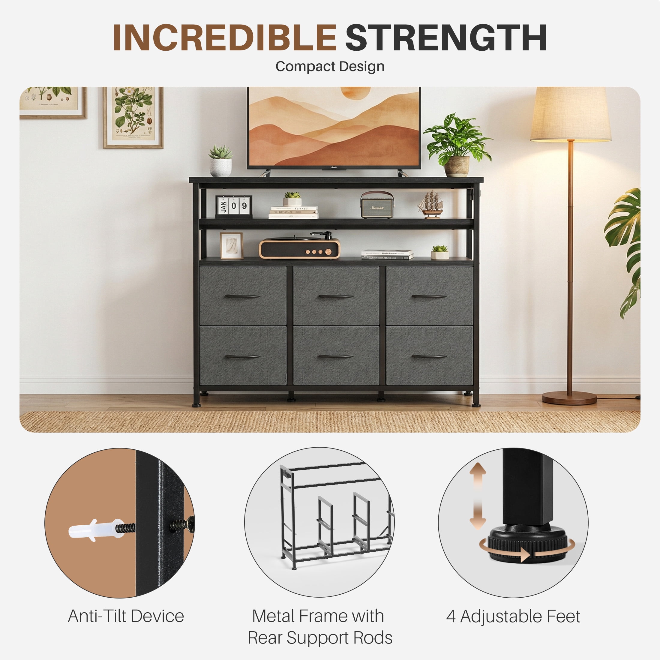 EDX 6-Drawer Fabric Dresser with Power Outlets and LED Light, TV stand for Bedroom, Living Room, Hallway, Gray