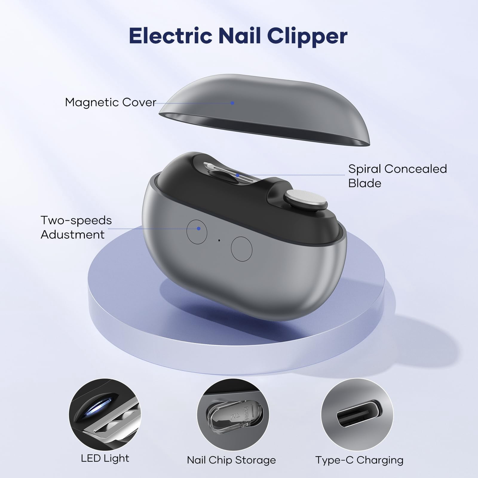 Xl-Kang Electric Nail Clipper for Babies, Adults and Seniors, Baby Nail Clippers with Light and Built-in Nail Storage, Safe Baby Nail File and Electric Baby Nail Trimmer（grey）