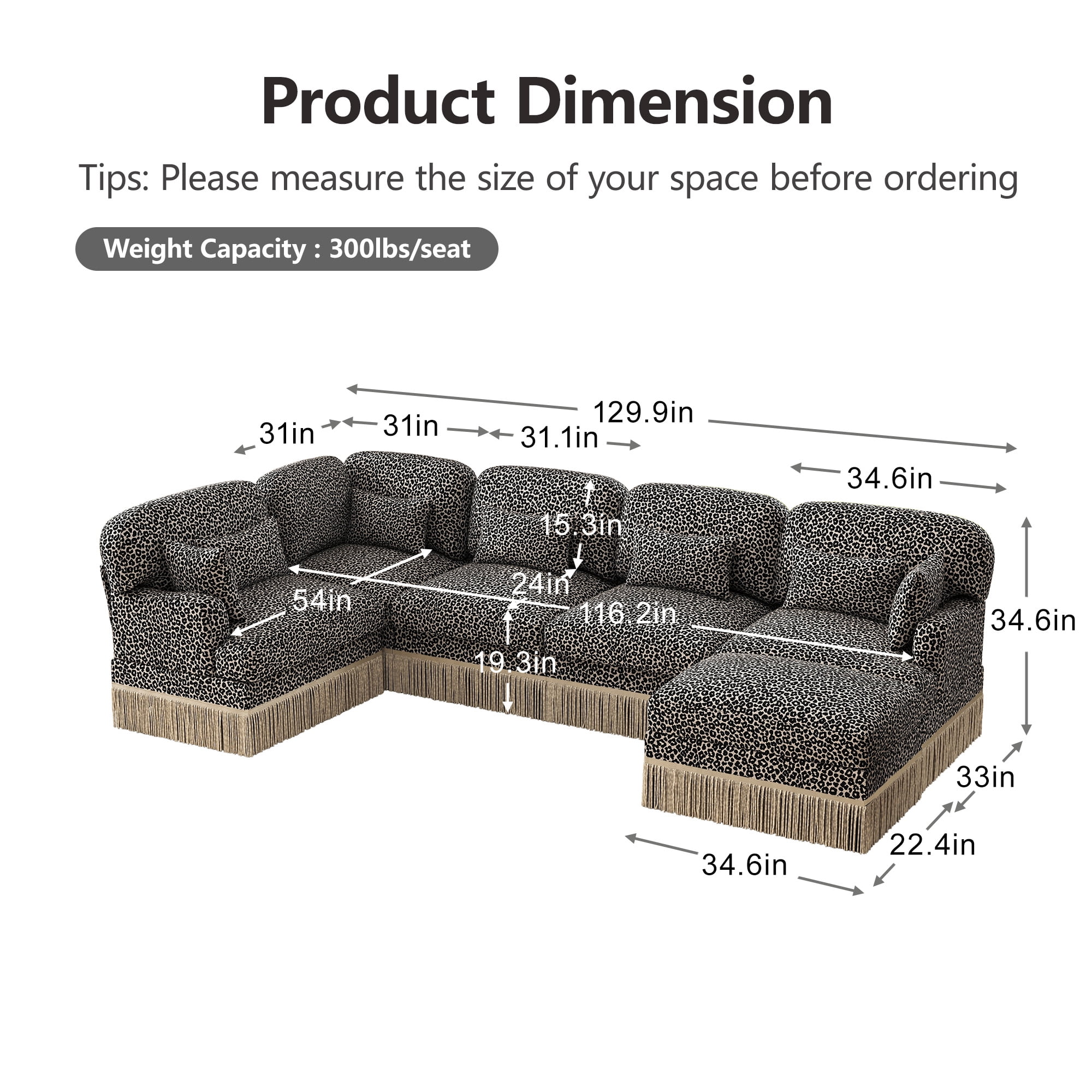 130" U Shaped 6 Seater Large Modular Sectional Corner Sofa with 7 Pillows and Ottoman